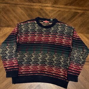Stone Haven Mens Vintage Geometric Zig Zag Knit Sweater Navy Red Green Large